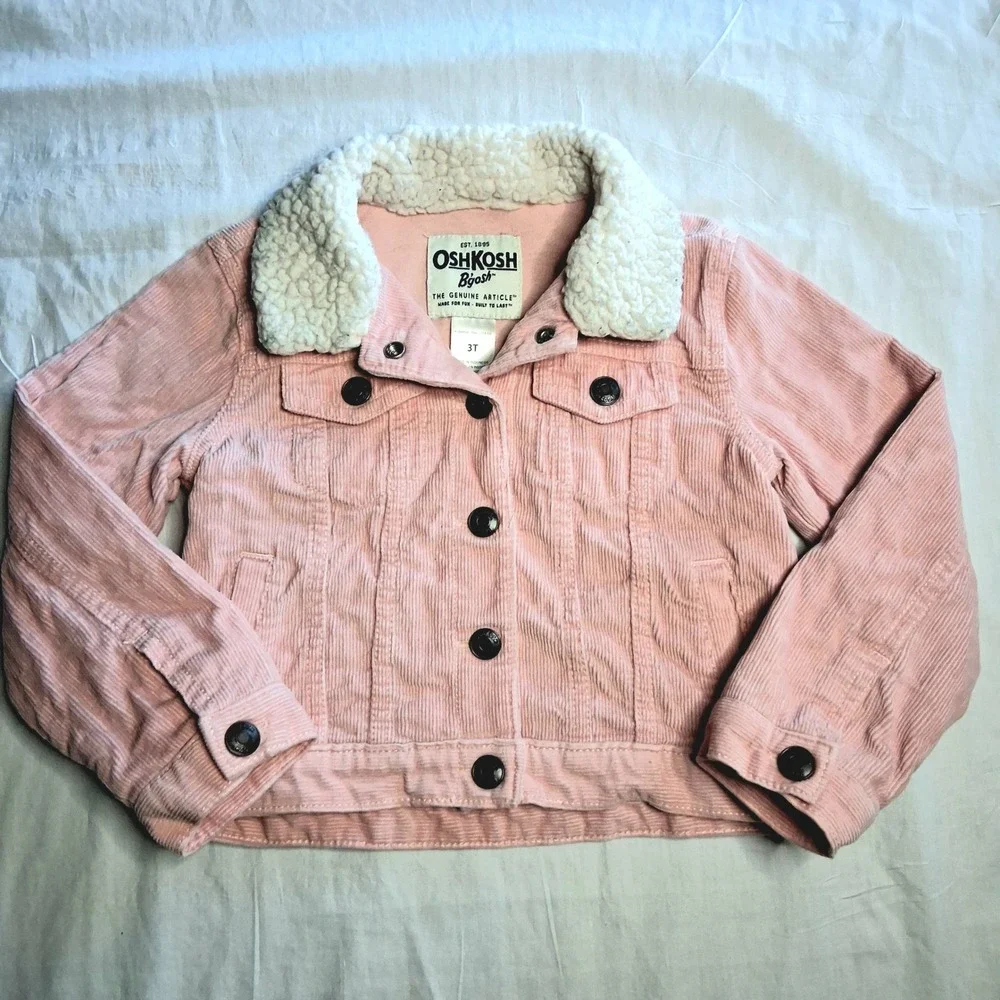 OshKosh‎ B'gosh Toddler Girl Pink Corduroy Sherpa Lined Trucker Jacket Size 3T